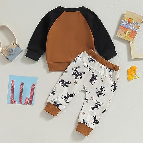 Toddler Kids Boys Long Sleeve Cowboy Letter Printing Color Block Crewneck Sweater Tops Lace Up Pants Outfits4