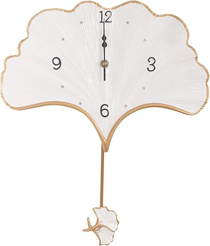 LOYALHEARTDY Elegante reloj de pared diseño de hoja de ginkgo blanca elegantes relojes colgantes con péndulo decoración estética relojes de pared