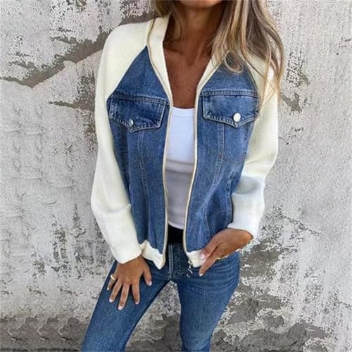 Women Modern Denim Patchwork Jacket,Casual Loose Long Sleeve Zipper Coats,Autumn Winter Splicing Sweatshirt Top with Pocket3