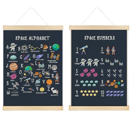 Image of Nrleey Space Alphabet Numbers Wall Decor with Wooden Poster Hanger - Space Decor for Boys Room, ABC Alphabet Numbers Learning Wall Art Posters for Boys Bedroom Playroom, 12x16 Inch Set of 2