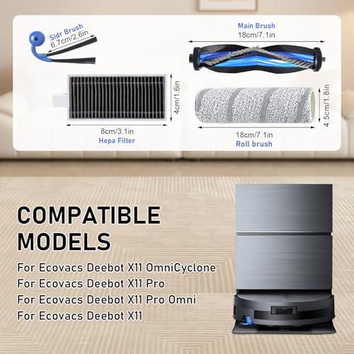 DianSung Zubehör Ersatz für Ecovacs Deebot X11 OmniCyclone / X11 Pro Omni / X11 Pro / X11 Staubsauger Ersatzteil, 1 Hauptbürste,2 Walzenbürste,4 Seitenbürsten,4 Filter