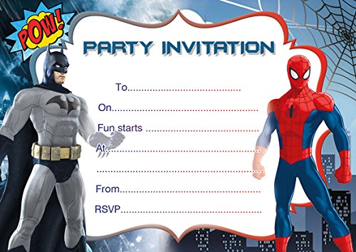 ABV Designs Lot de 10 cartes d'invitation pour anniversaire d'enfant Motif Batman Spiderman avec enveloppes blanches Cover