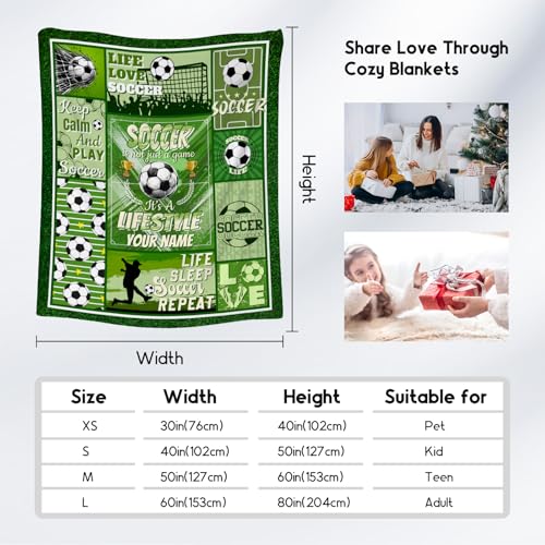 Custom Soccer Blanket - 40x50 Inches Sports Throw Blanket for Boys Kids - Green Soft Fuzzy Blankets for Couch, Sofa & Office