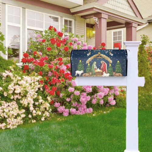 Image of Christmas Mailbox Cover Magnetic, Large Size 25.5x21 Inch, Xmas Trees Blue Holy Night Nativity Scene Waterproof Mailbox Wrap Post Cover for Garden Yard Holiday Hew Year Decor