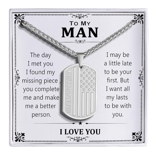 HEYOLL Gifts for Man, To My Man Dog Tag Necklace Best Mans Ever American Flag Pendant Jewelry Presents Fathers Day Birthday Gifts Silver