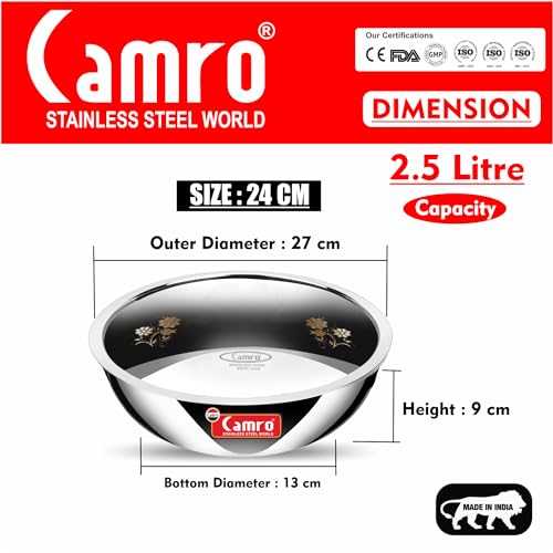 Image of Camro Triply Artisian Tasla (3.1 Liters, 24 Cm) with Steel Lid | Stainless Steel Induction Friendly | 3-Layer Body, Dishwasher | 6 Years Warranty