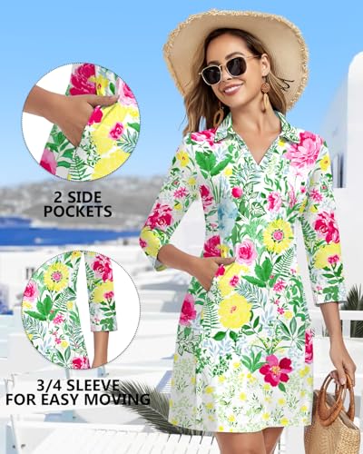 Image of WOWENY 3 /4 Sleeve Dress for Women with Pockets V Neck UPF 50+ Casual Sun Dress Breathable Quick Dry Beach Vacation