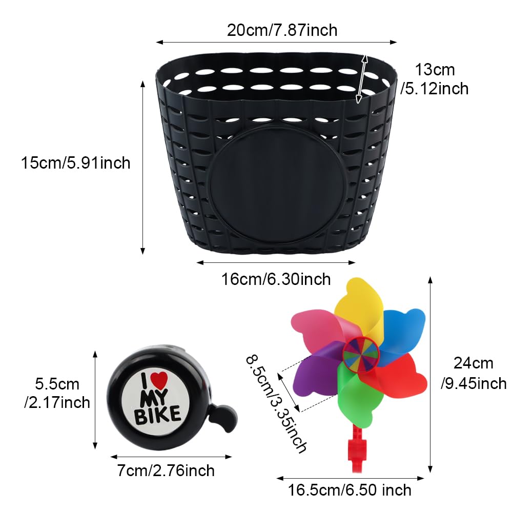 Laluky Kids Bike Basket, Cute Bicycle Front Handlebar Basket with Bell Windmill, Adjustable Small Scooter Arts and Crafts Bike Decoration, Bike Accessories for Boys Girls Kids(Black) - Image 2