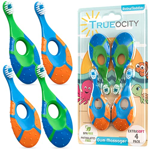 Image of Trueocity Baby Toddler Toothbrush 4 Pack, Soft Bristles, Teething Finger Handle Toothbrushes for 0-2 Years - Training First Set (Blue, Green, Orange) - BPA Free