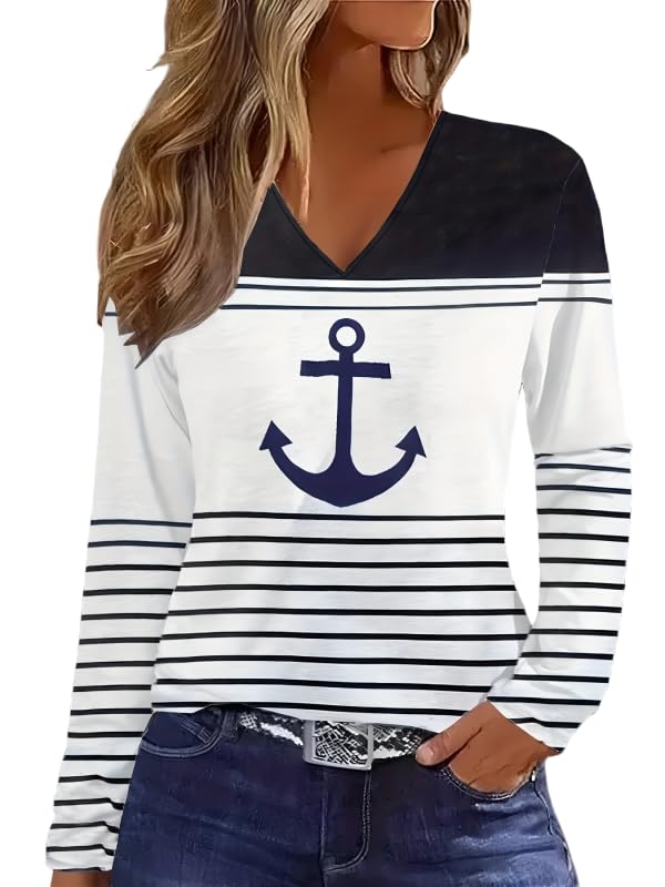 Women Tops Anchor Stripe Print V Neck T-Shirt Casual Long Sleeve Shirt