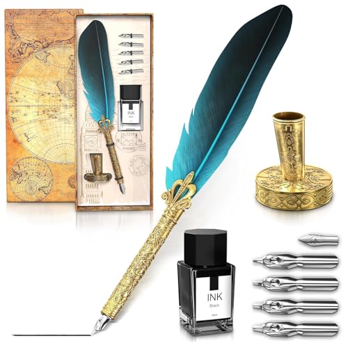 Vintage Feather Quill Pen and Ink Set - Blue Feather Pen and Ink Set, Writing and Drawing Tools with...