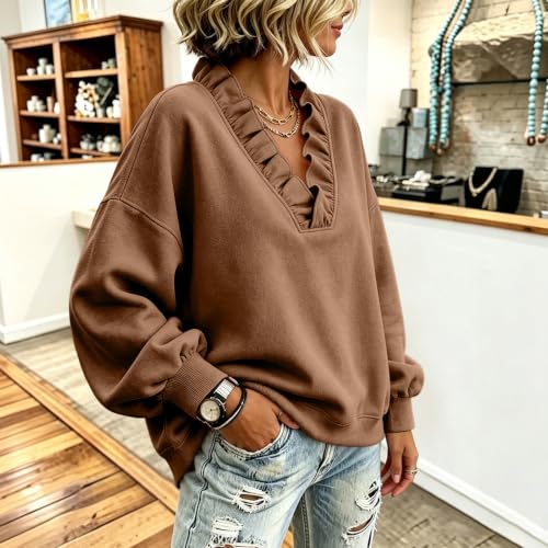 Oversized Sweatshirts for Women V Neck Ruffle Fleece Sweatshirt Fall - image 5