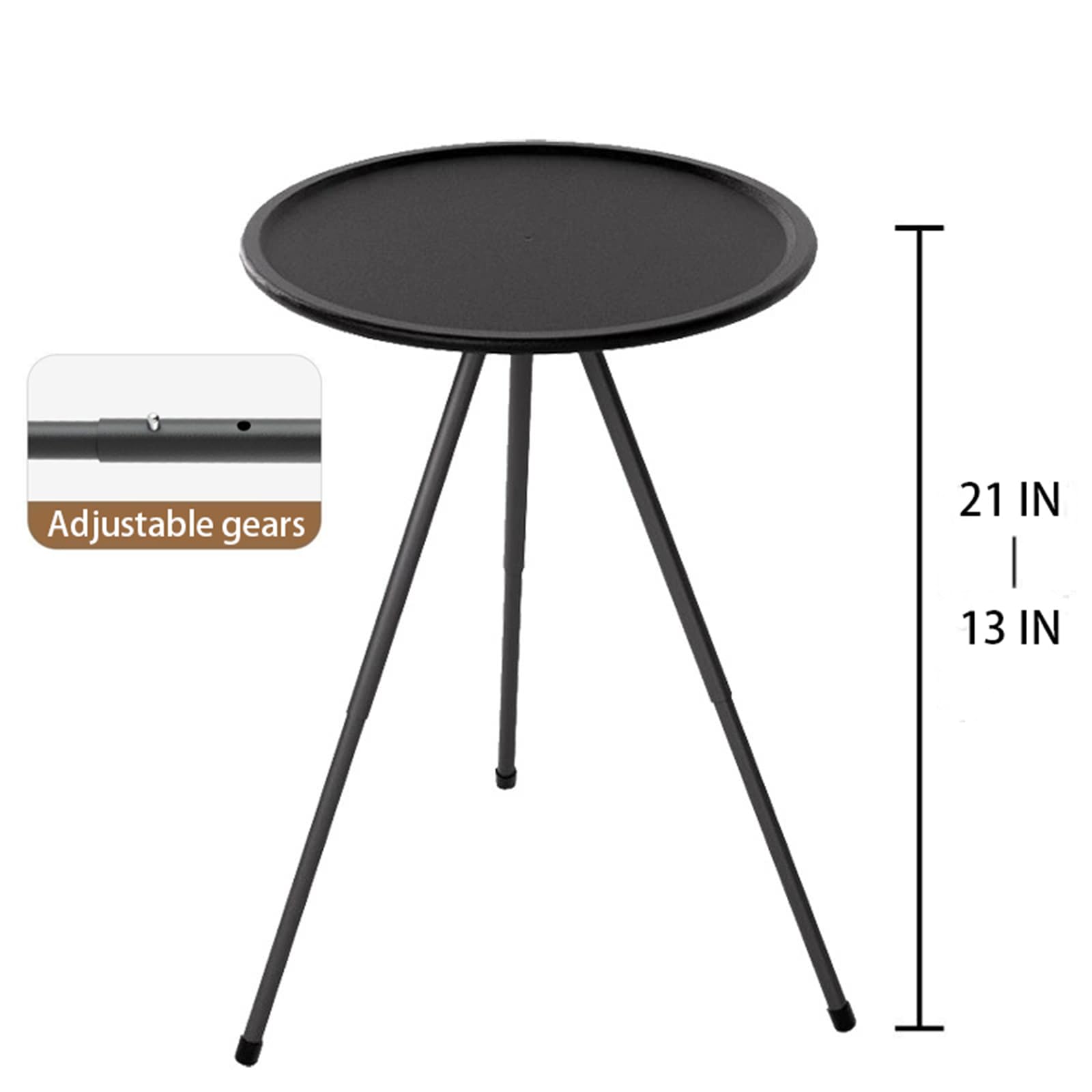 Portable Outdoor Side Table with Lantern Hook, 15 Inch Round, Height Adjustable 13-21 Inches, Black,Portable Outdoor Table, Adjustable Height, Detachable Legs, Lightweight Side Table, Camping/Beach
