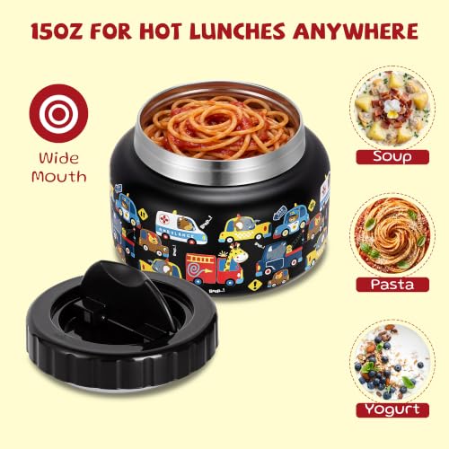 Image of PIQUEBAR 8oz Kids Thermo for Hot Food,Small Lunch Thermos Food Container Stainless Steel,Easy Open Wide Mouth Thermo for Hot Cold Food for Preschool Travel (Black Truck)