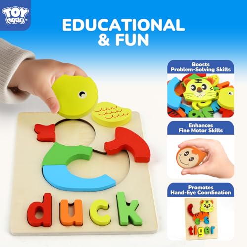 Image of TOY Life Toddler Puzzles Ages 2-4, 6 Animals with Spelling Wooden Puzzles for Toddlers 3-5, Montessori Toys Gifts for 1 2 3 Years Old Boys Girls, Birthday Gifts Educational Learning Toys for Kids