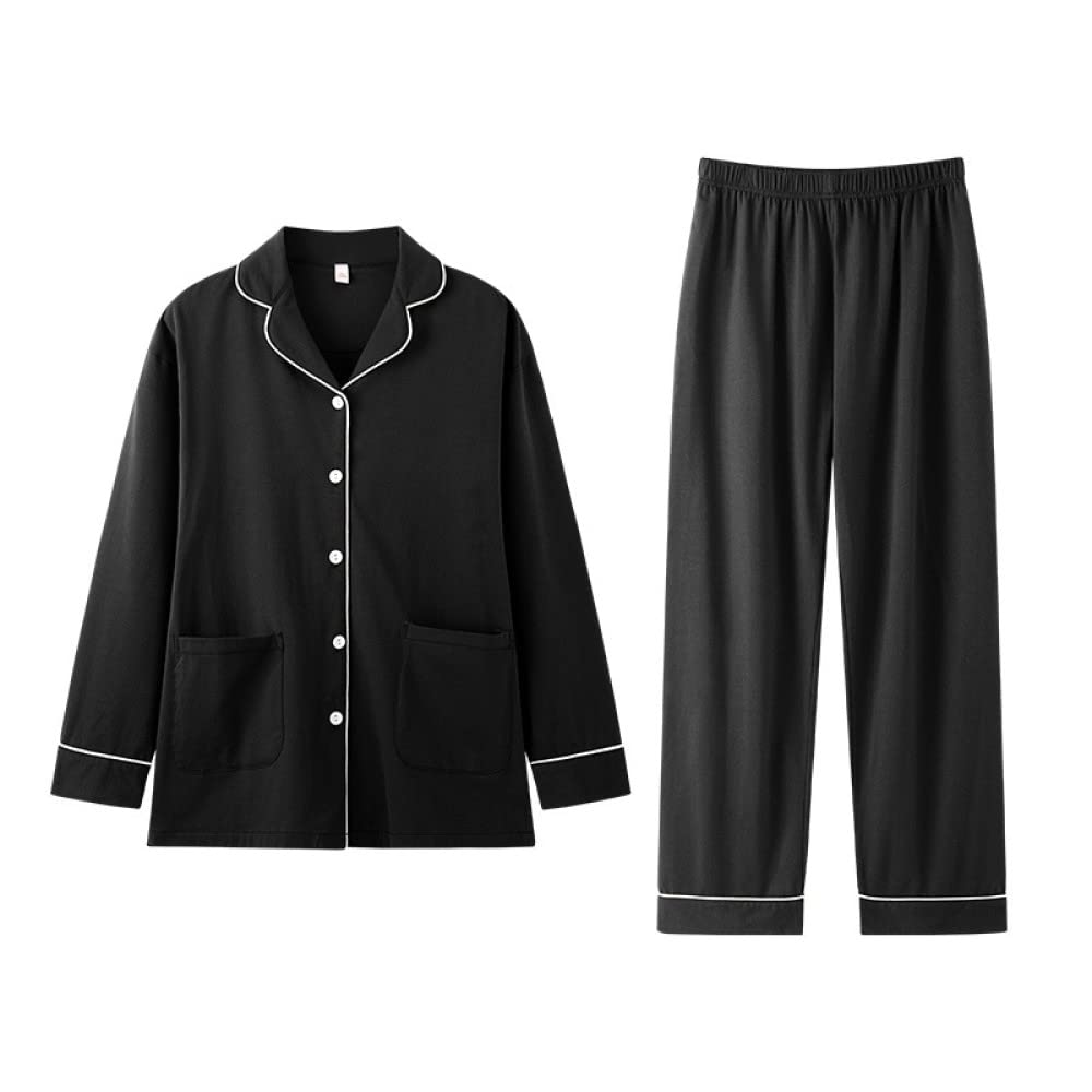 Pijama Mujer,Conjuntos De Pijama De Algodón Para Mujer Cárdigan Con Botón De Solapa Negro Con Bolsillos Elegante, Acogedor, Cálido, Manga Larga, Pjs Top & Amp; Conjunto De Fondo Ropa De Descans