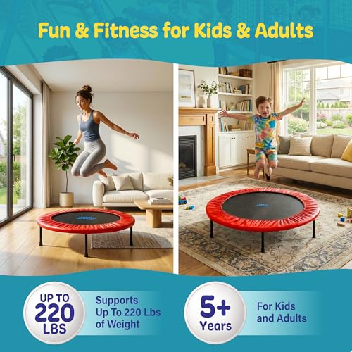 Image of Machrus Upper Bounce Mini Rebounder Trampoline for Adults and Kids, Exercise, Indoor Fitness, Foldable Round Jumping Exerciser, Supports up to 220 lbs