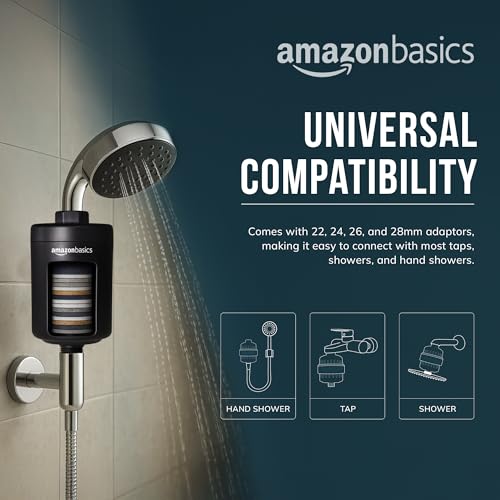Image of Amazon Basics 15 Stage Shower /Tap Filter & Water Softener for Home (Black) | Reduces Hair Fall, Skin Dryness & Limescale| Hard Water Filter for Tap, Shower, Handshower| for Municipal /Chlorine Water