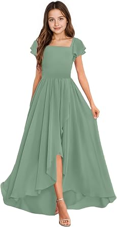 Chiffon Junior Bridesmaid Dresses for Wedding Short Sleeves Flower Girl Dresses Square Neck Girls Formal Dress