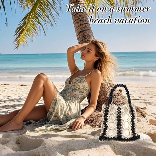 Image of YYW Unique Handmade Wooden Bead Tote Bag for Women, Small Handwoven Clutch Purses Woven Bucket Handbag and Drawstring Handbag