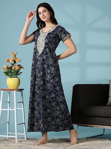 Image of 9shines Label Stylish Pure Cotton Nighty Maxi for Women | Embroidery Neckline Nightgown | A-Line Nightdress with Pocket | Floral Night Gown| Soft Comfortable Cotton Sleepwear (Cotton Yoke)