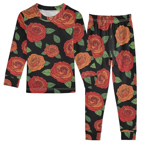 Pajama Sets Long Sleeve Floral Pattern Red Roses Soft Comfy Sleepwear 2 Piece PJS 3-8T