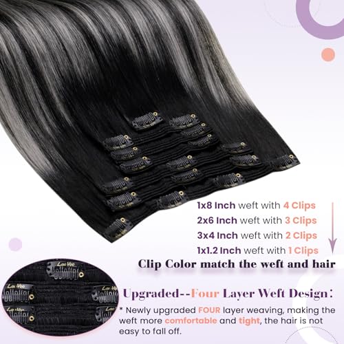 Image of LaaVoo Human Hair Clip in Extensions Ombre Black to Silver Grey Balayage Hair Extensions Clip ins Silver Balayage Human Hair Extensions Clip ins 22 Inch 7pcs /150g