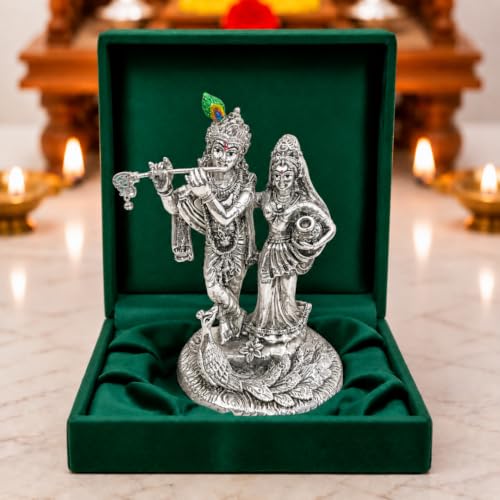 Image of 999 Silver Plated Radha Krishna Idol with Peacock - 5.5 Inch | Radhe Krishna Murti for Wedding for Couple, House Warming Gifts for Pooja Room
