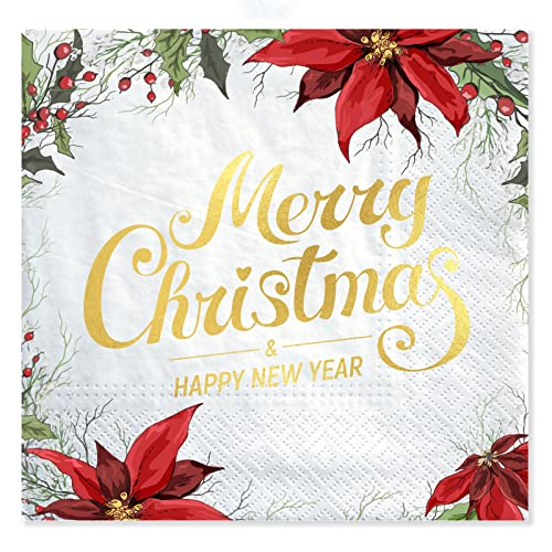 Christmas Napkins, 50 Count Gold Foil Napkins Paper, Artstyle Decorations for Xmas Party Supplies Wedding Table Disposable Centerpiece Decor