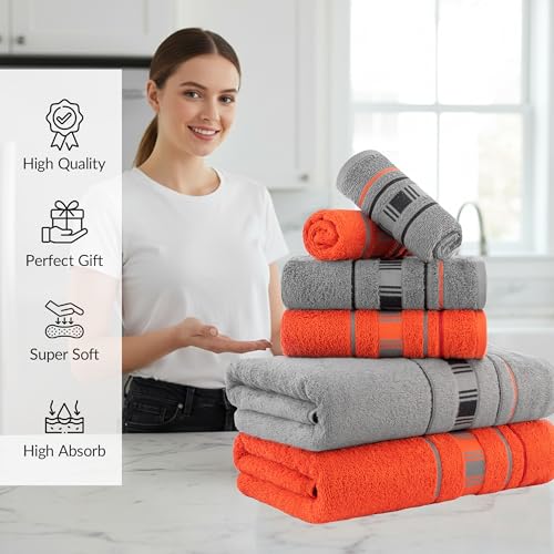 Image of Casa Copenhagen, Germany Design - X Line Super Soft Collection 100% Cotton 6 Piece Towel Set, Includes 2 Bath Towels 2 Hand Towels 2 Washcloths - Grey & Red