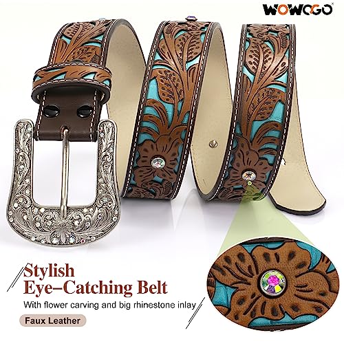 Western Belts for Women Cowgirl Cowboy Country Belt Turquoise Rhinestone Leather Belt Brown Plus Size Belt4