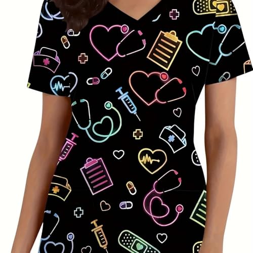 LXHZSY Uniformes Sanitarios Uniformes quirúrgicos Mujer corazón Impreso Cuello Pico Enfermeras Tops Manga Corta Bolsillo Tipo Parche Uniformes quirúrgicos enfermería(Black,5XL)