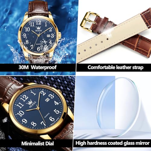 Image of OLEVS Watch Men Mens Watches Watches for Men Leather Band Classic Brown Leather Watch Men, Analog Watch Men, Black Mens Leather Watch, Dress Waterproof Large Face Mens Watch,Relojes para Hombres Watch