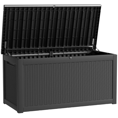 KFY 260 Gallon Waterproof Outdoor Storage Box, UV Resistant Resin Deck Box with Hydraulic Rod for Reinforced Stability, Perfect for Patio, Garden, and Pool, Striped Black