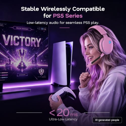 Image of AOC 2.4GHz Wireless Gaming Headset for PS5, PS4, Switch, 45Hr, Blush Pink | Bluetooth 6.0 Gaming Headphones with Noise Canceling Mic, 7.1 Virtual Surround, Great for Fortnite & Call of Duty /FPS Gamers
