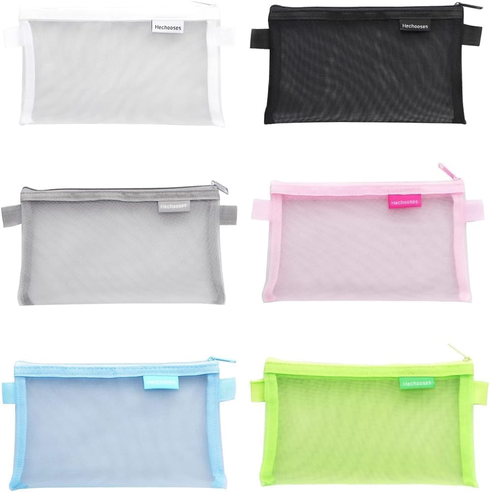 Aputue Pencil Bag, 6PCS Mesh Pencil Case Set with Zipper, Clear Nylon Pouch Organizer for School Supplies, Makeup and Toiletries, Travel Essential Accessories for Women and Students