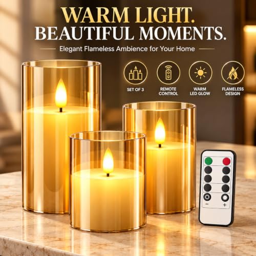 Image of Gesto LED Candles for Decoration - Set of 3 Flameless Battery Operated Candle with Remote & Timer | Warm Light Artificial Candles for Home Decor, Living Room, Bedroom, Dining Table, Diwali & Pooja