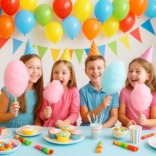 Foto von Zuckerwatte Zucker Set 5 Sorten à 200g + 50 Stäbe – Aromazucker für Zuckerwattemaschine – Bubblegum, Erdbeere, Apfel, Vanille, Kirsche – Partyzucker für Kindergeburtstag, Jahrmarkt & Feste
