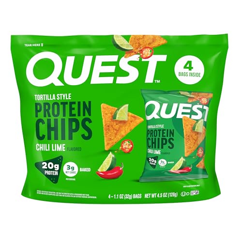 Quest Nutrition Chili Lime Tortilla Style Protein Chips, 20g Protein, 3g Net Carbs, Low Carb, Gluten Free, 1.1 oz (Pack of 4)