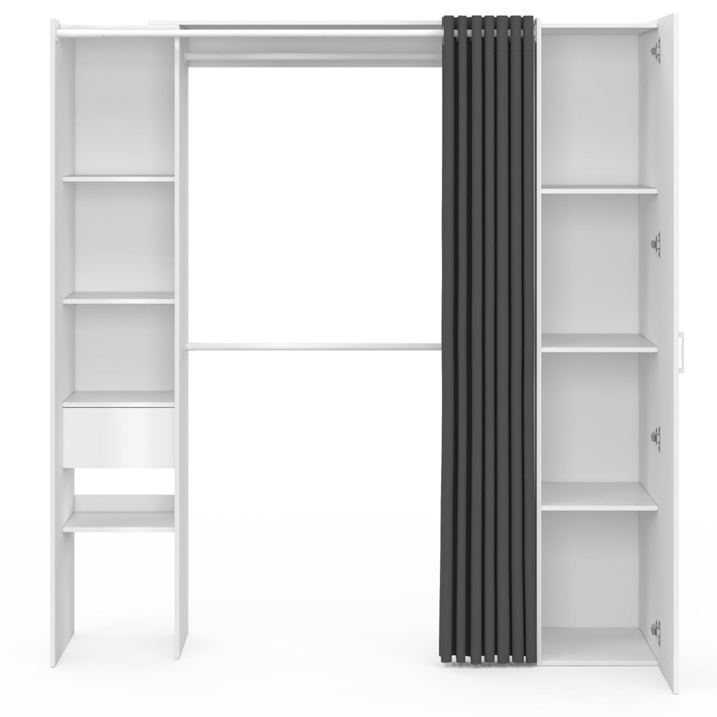 IDMarket - Dressing extensible MERYL 145/170 x 50 x 180 cm blanc avec étagères + double penderie + miroir + rideau gris