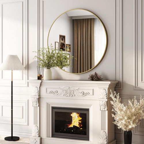 Image of EASLY 32 Inch Round Mirror, Gold Metal Frame Wall Mirror for Bathroom