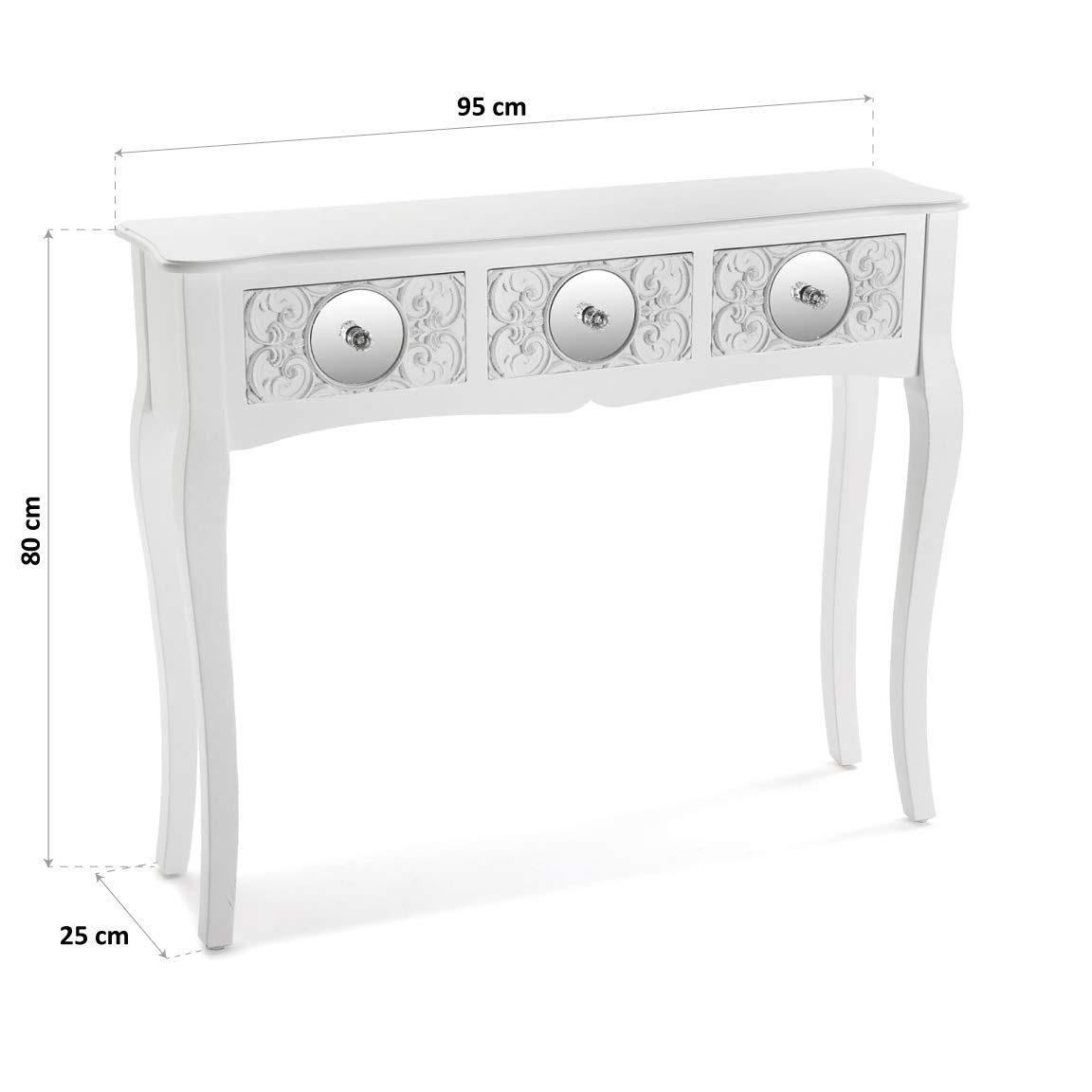 Versa Indra Mueble Recibidor Estrecho para Entrada o Pasillo, Mesa Consola, con 3 cajones, Medidas (Al x L x An) 80 x 25 x 95 cm, Madera, Color Blanco