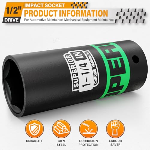 Image of 1 /2 inch Drive Impact Socket, 1-1 /4 inch Deep Socket, SAE, 6 Point, CR-V, for Car Repair, Loosen the Fastening Nut