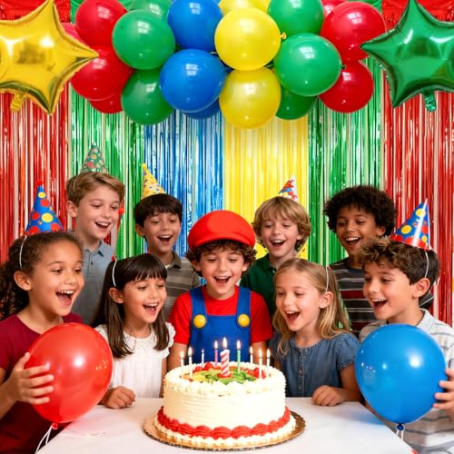 Image of 4 Packs Blue Red Green Yellow Foil Fringe Curtain, Blue Red Green Yellow Glitter Metallic Tinsel Backdrop for Birthday, Baby Shower, Video Game Theme Party Decorations Supplies