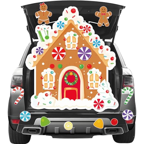11Pcs Christmas Trunk or Treat Car Decorations Kit, Christmas Gingerbread House Decor Winter Candyland Trunk or Treat Decorations Backdrop, Xmas Trunk or Treat Decors for Garage Door SUV Supplies