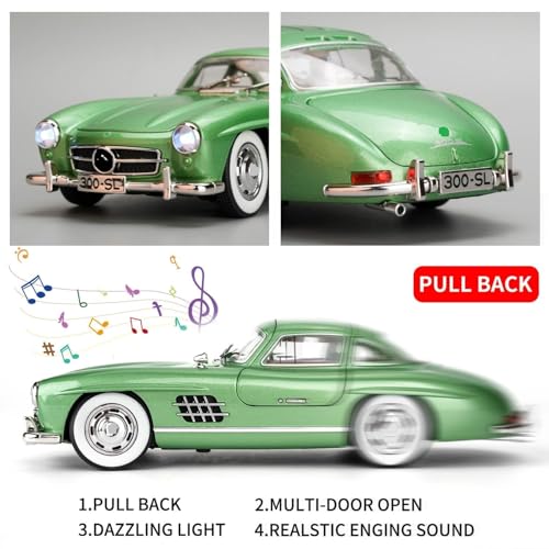 Image of 1:24 Scale MER-CEDES Ben-Z 300SL Die-Cast Metal Car with Sport car Openable Doors Light and Sound,Pull Back Function Indoor Outdoor Toy for Kids (Green)