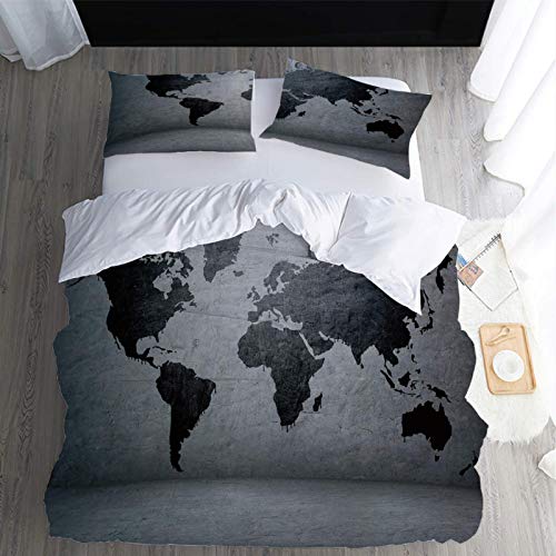 CLQPYQ Funda Edredón Y Fundas De Almohada, para Camas De 105 (180X220cm), Juego De Ropa De Cama 3 Piezas, 3D Impresión Mapa del Mundo Gris, Funda Nórdica De Microfibra con Cremallera