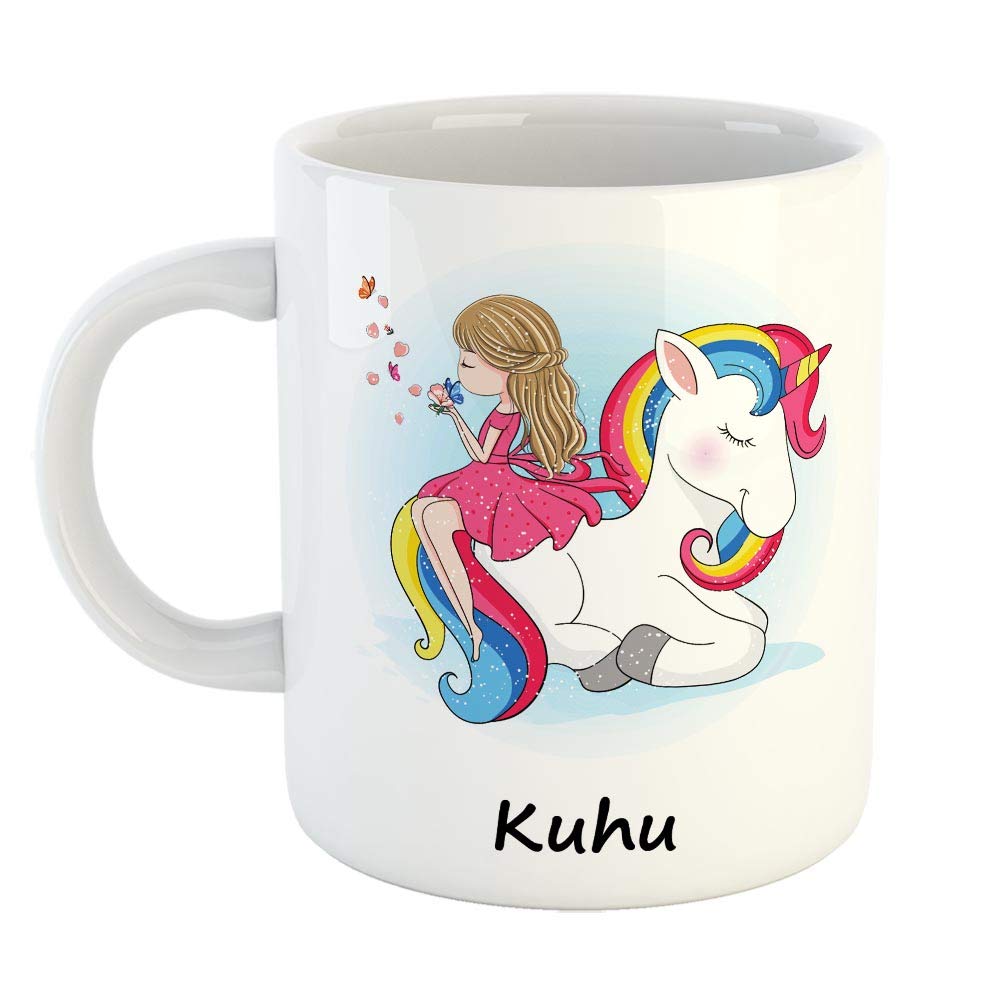 FurnishFantasy Unicorn Ceramic Coffee Mug - Best Happy Birthday Gift for Daughter, Sister, Gift for Kids, Return Gift White, Name - Kuhu