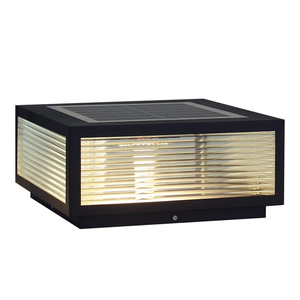 Outdoor Solar Post Cap Light with Remote Control Modern Black Square Column Caps Lamps Solar Powered LED Outside Waterproof Pillar Lamps with Water Pattern Glass Fence Gate Porch Deck Lawn Path Lamp