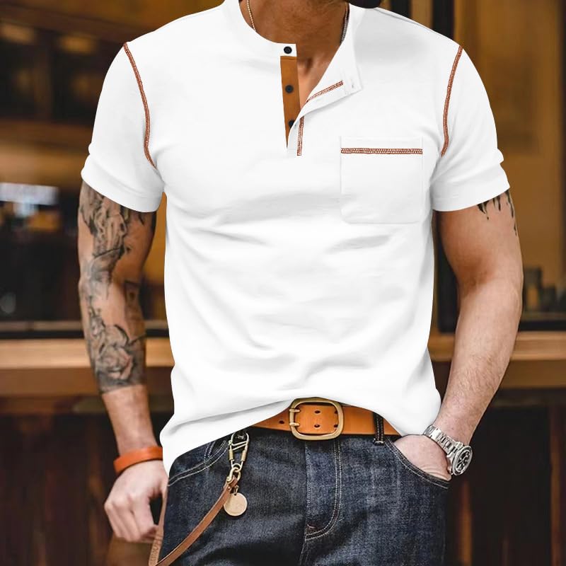 Camiseta Henley de manga corta con costuras de contraste para hombre, con bolsillo en el pecho para uso diario